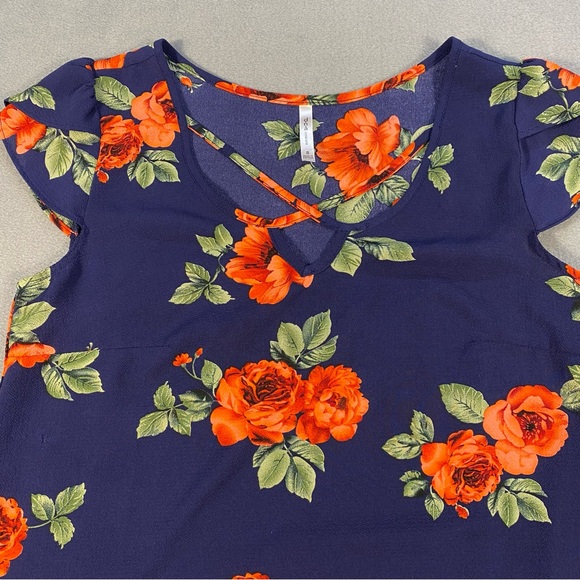 DNA Couture Women’s navy & orange Floral blouse, V-neck, cap sleeves, size S - Picture 2 of 8